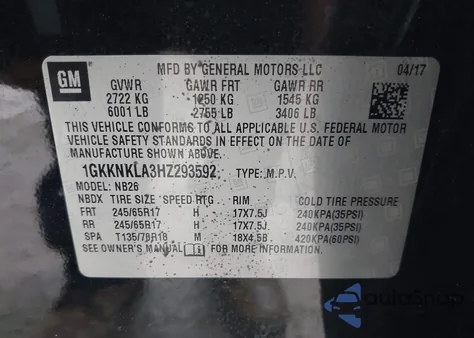 2017 GMC Acadia Sle-1 from USA, damaged, VIN 1GKKNKLA3HZ293592